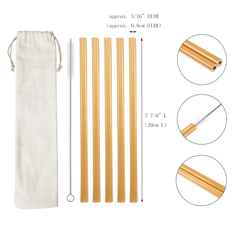 5pcs Reusable Bamboo Drinking Straw W/ Cleaning Brush In Carrying Pouch 1