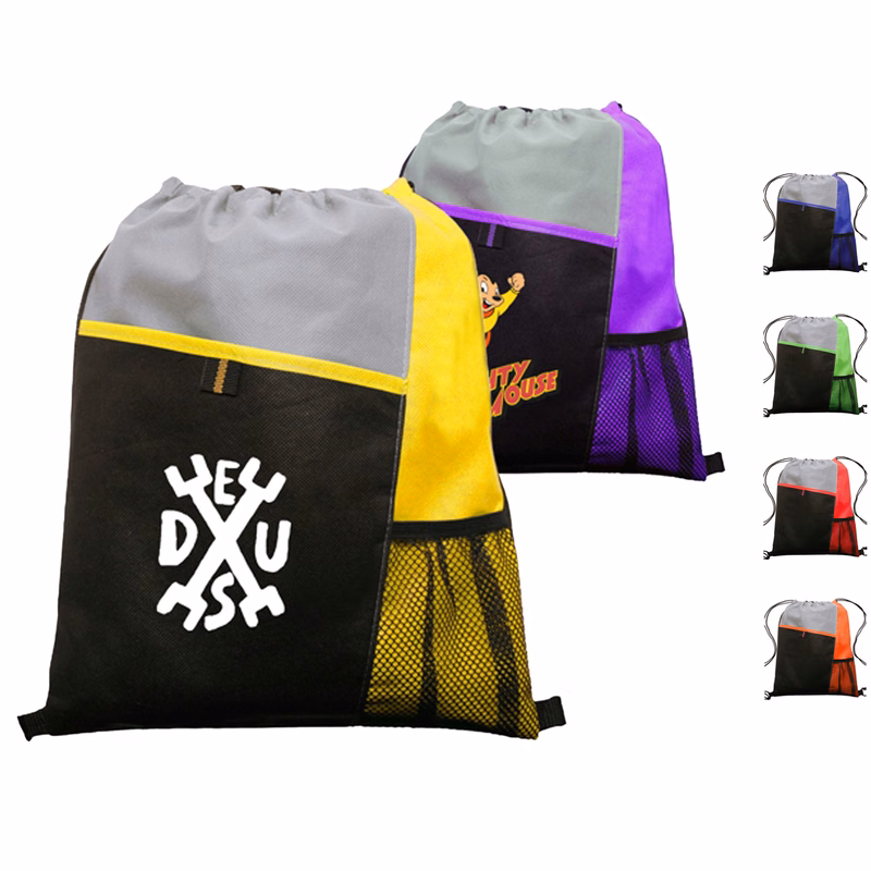 Tri Color Non-Woven Drawstring Backpack W/ Mesh Pocket