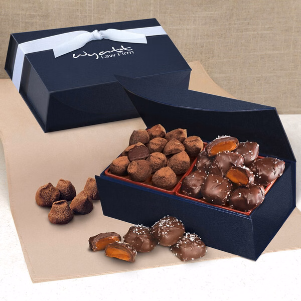 Chocolate Sea Salt Caramels & Cocoa Dusted Truffles in Navy Magnetic Closure Box