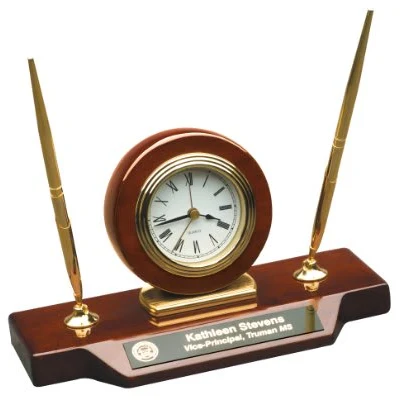 9" x 4 3/4" Piano Finish Desk Clock on Base with 2 Pens 1
