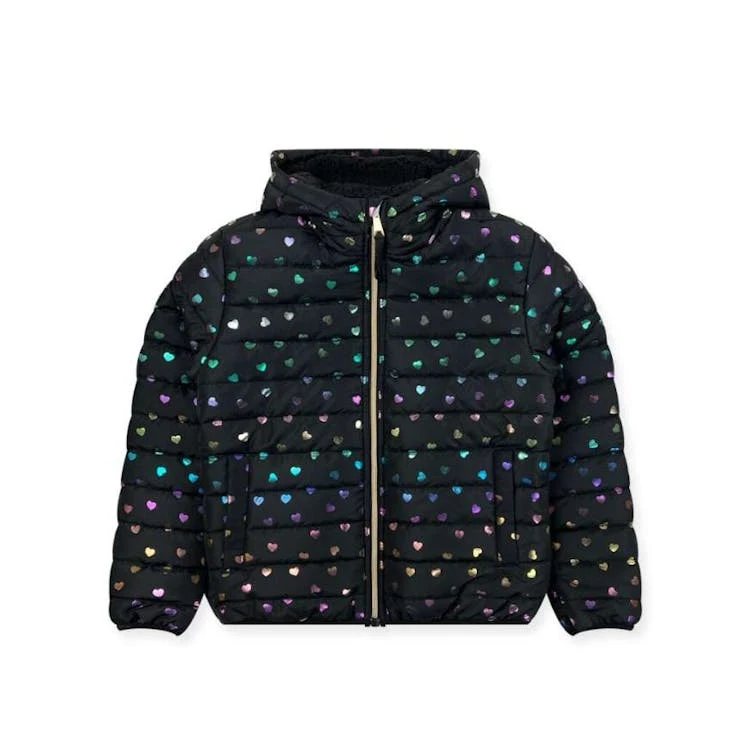 Girls' Sherpa-Lined Heart Print Jacket Black 7-14 1