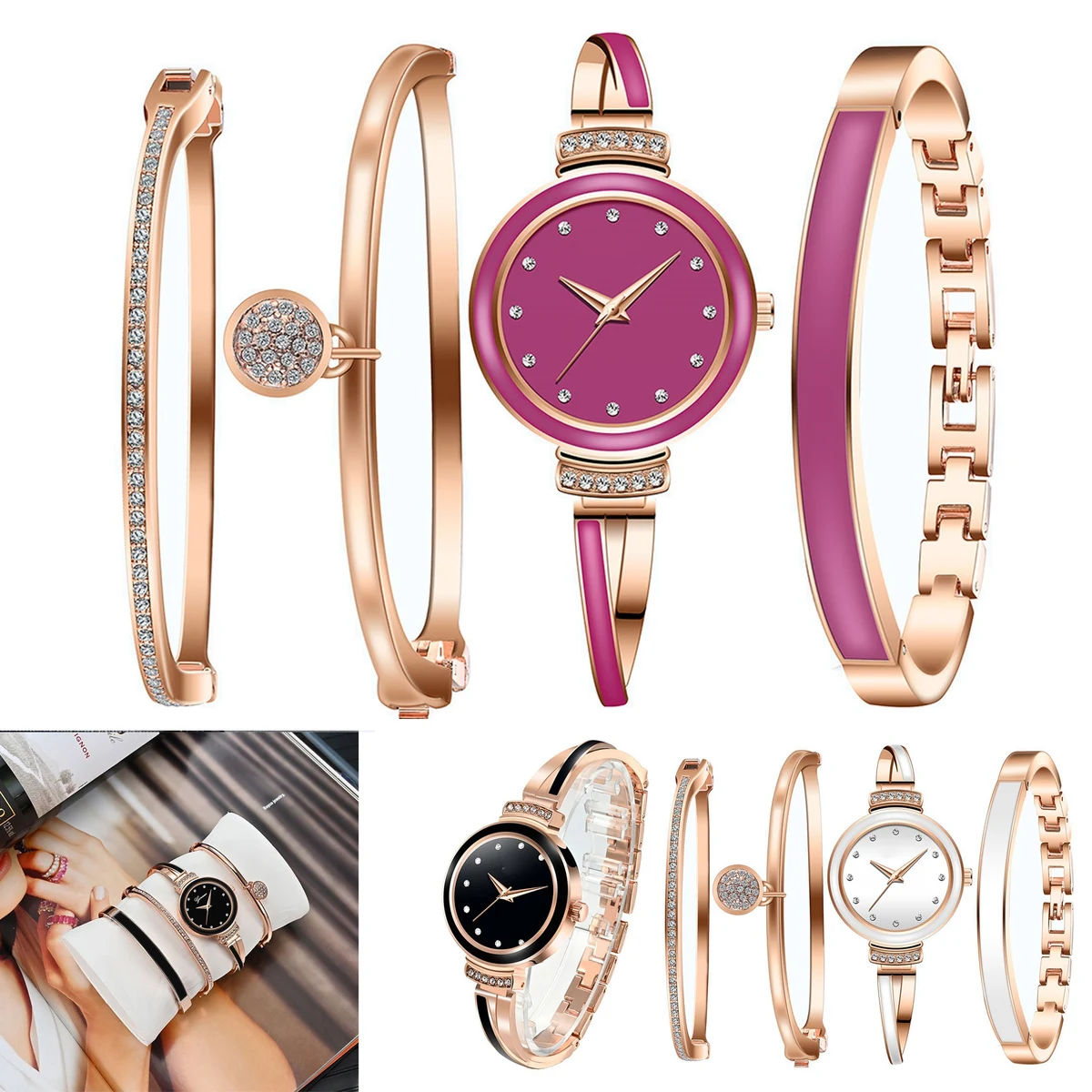 Women's Premium Crystal Accented Bangle Watch Set 1