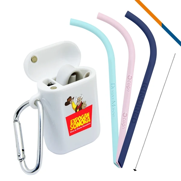 Custom Silicone Straw Kit — Bent Straw, Carabiner & Container Portable Eco Gift 1