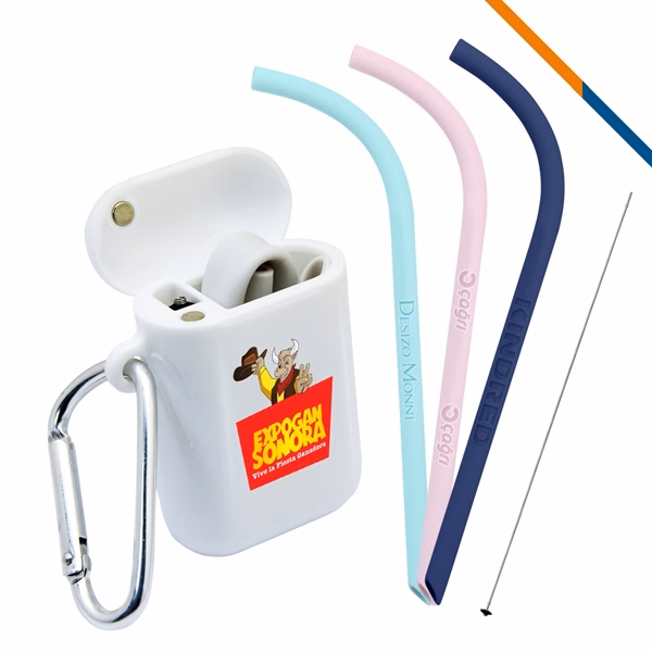 Custom Silicone Straw Kit — Bent Straw, Carabiner & Container Portable Eco Gift