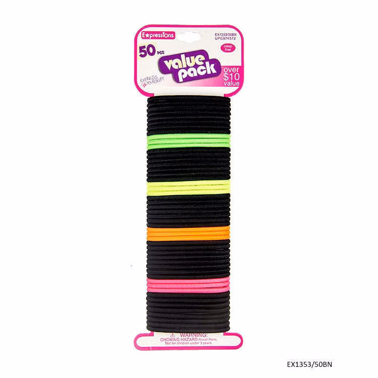 Hair Elastics - Black/Neon 50 Pack