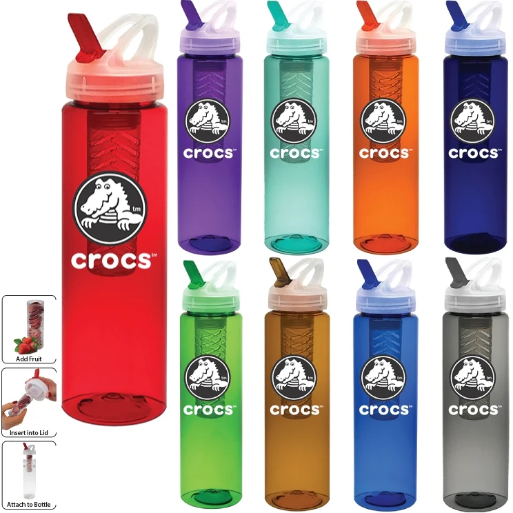 32 oz PET Translucent Sports Water Bottle with Fruit Infuser and Flip Top Lid 1