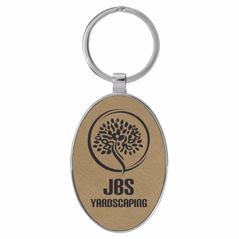3" x 1 3/4" Leatherette/Metal Light Brown Oval Keychain