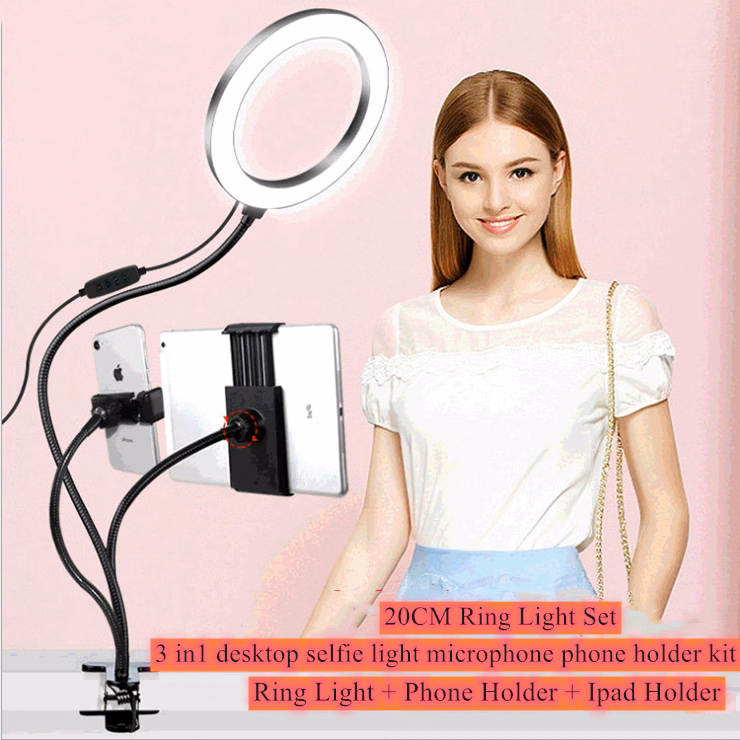 3 in1 desktop selfie light microphone phone holder kit