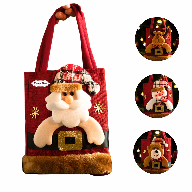 Burlap Christmas Gift Bag with Santa Design