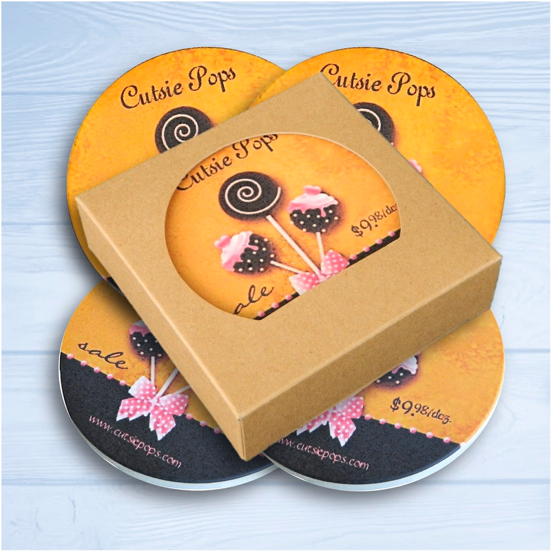 4 Round Absorbent Stone Coaster with Cork Backing packaged in Kraft Window Box