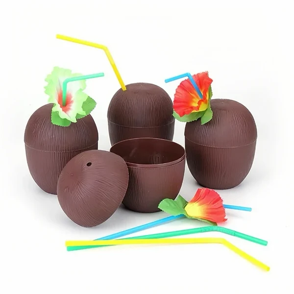 Hawaiian Themed Coconut Cups with Flower Straws & Twist Clos 1