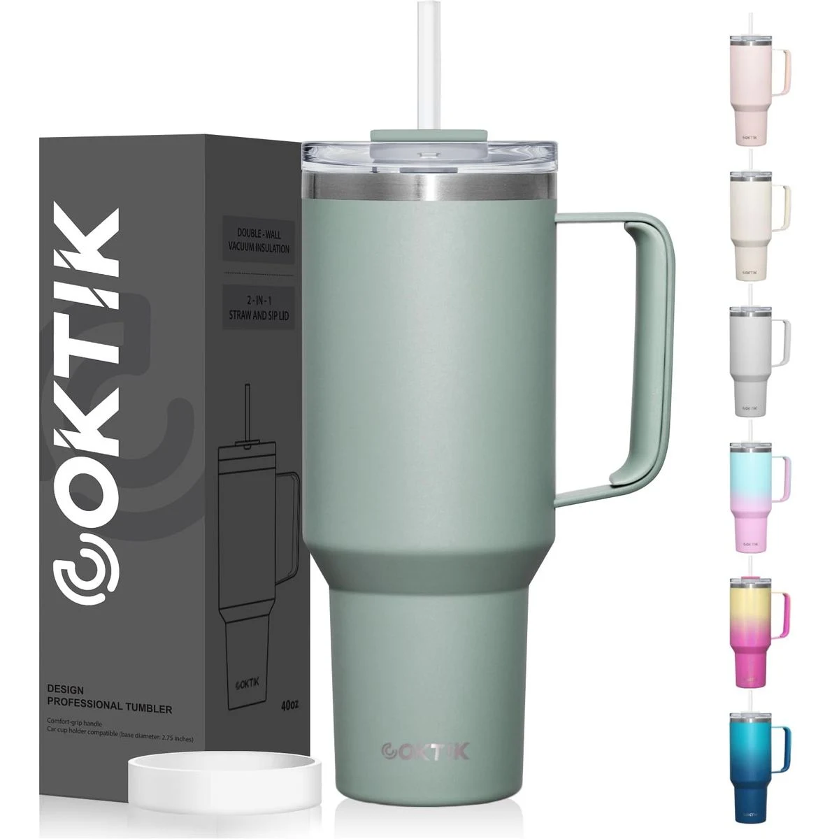 40 oz Tumbler With Handle and Straw Lid, 2-in-1 Lid (Straw/Flip), Vacuum Insulated Travel Mug Stainl 1
