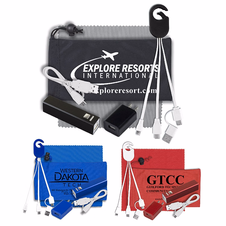 Mobile Tech Metal Power Bank Charging Kit with Microfiber Cloth in Microfiber Cinch Pouch