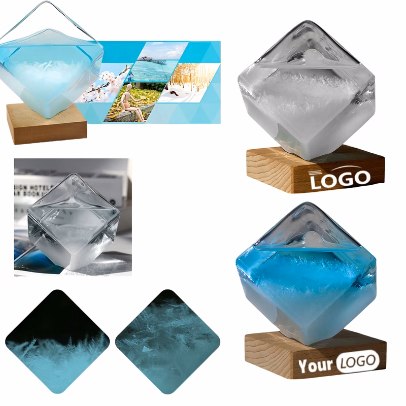 Crystal Weather Glass With Wood Base For Home Office Decor
