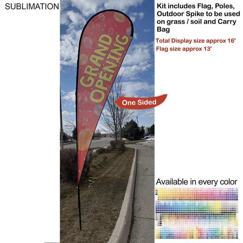 16' X-Large Tear Drop Flag Kit, Full Color Graphics One Side, Outdoor Spike base and Bag Included
