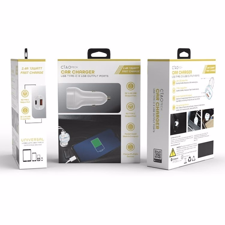 White Car Chargers - 12V USB-A & Type-C