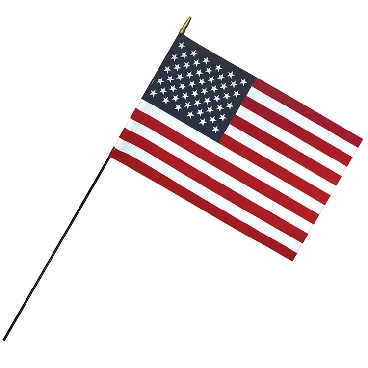 16 x 24" Deluxe Rayon U.S. Stick Flag with Spear Top on 3/8" Diameter Black Dowel 1