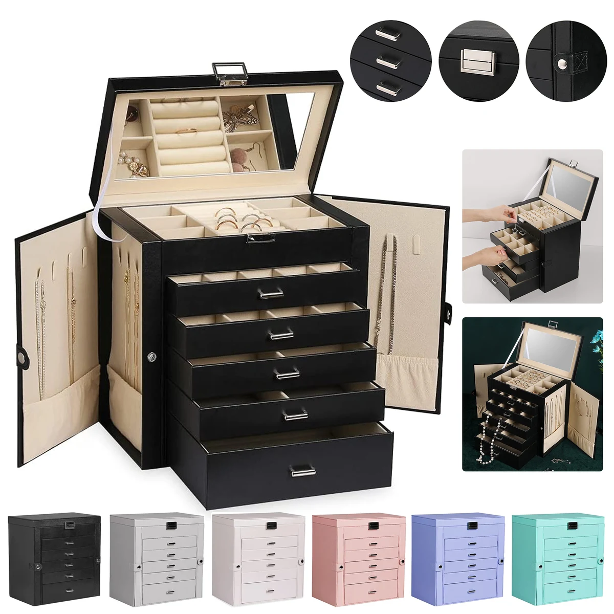 6 Tier PU Leather Jewelry Box with Lock 1