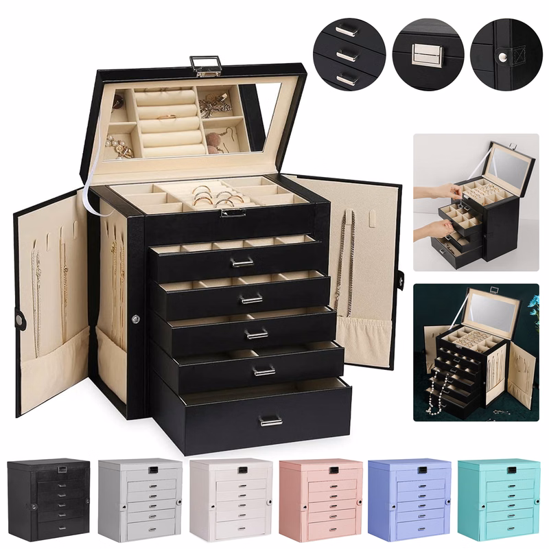 6 Tier PU Leather Jewelry Box with Lock