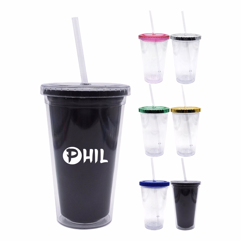 Portable 13-ounce double cup with straw