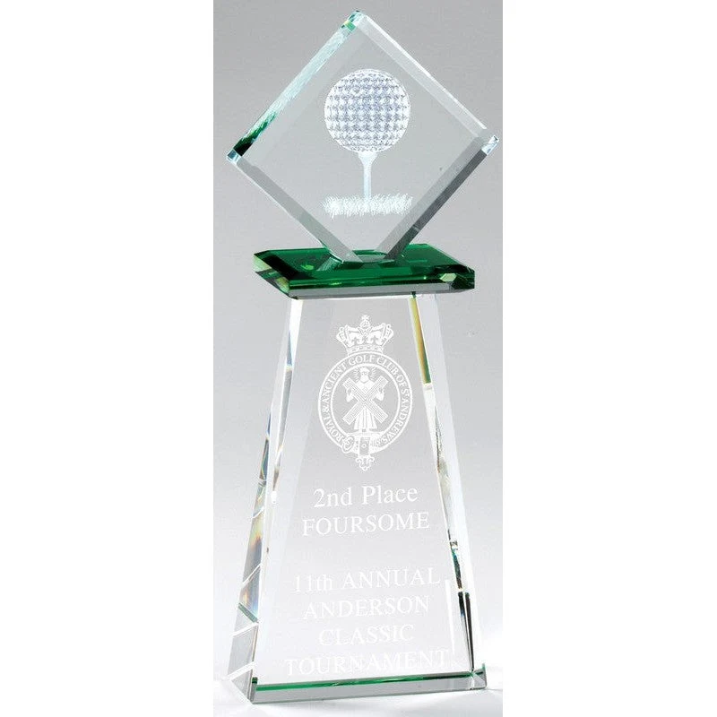 3-D Golf Ball On T Etched On Award With Green Accents 1