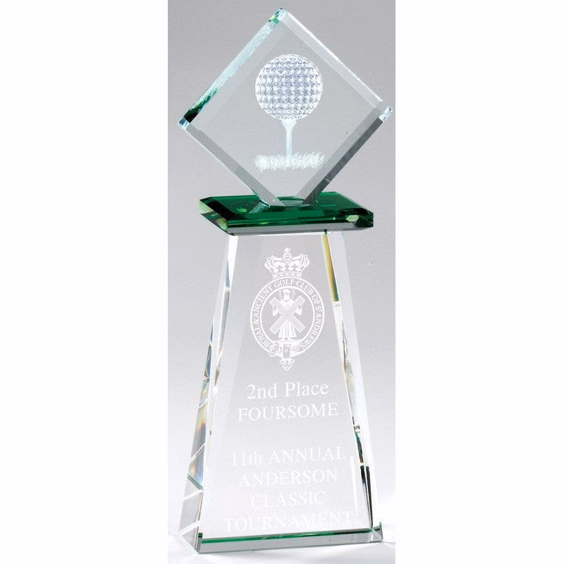 3-D Golf Ball On T Etched On Award With Green Accents