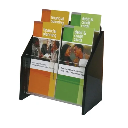 Wall Mount Brochure Holder, Clear w/Black Ends, 2-tier, 4 pocket - for 4x9 1