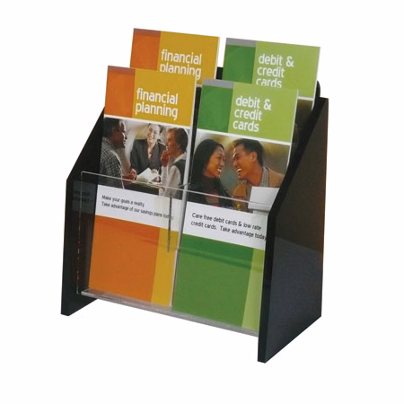 Wall Mount Brochure Holder, Clear w/Black Ends,  2-tier, 4 pocket - for 4x9