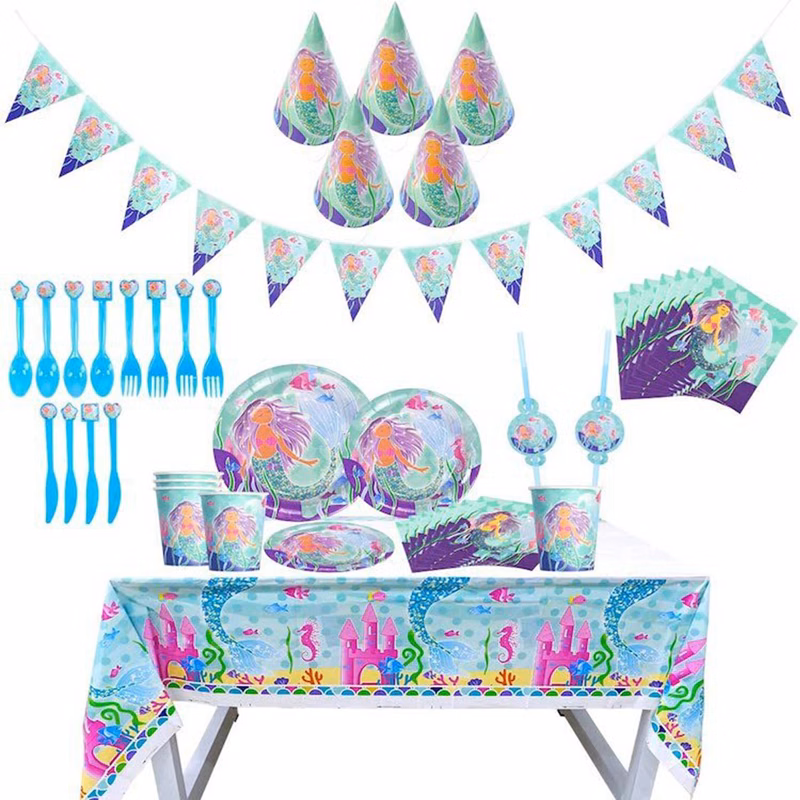 Mermaid Party Supplies Set Serves 6 Blue Paper Plates
