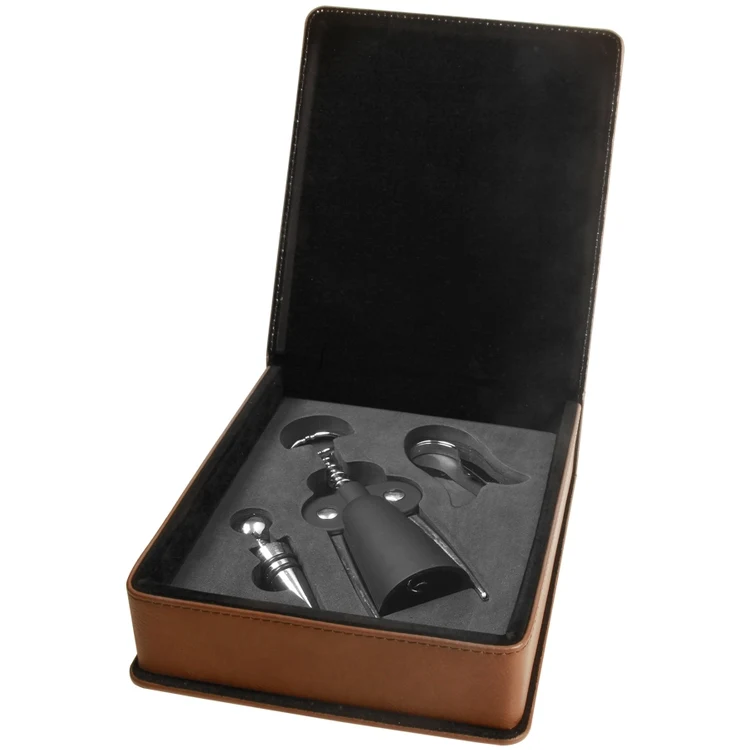 Leatherette Three-piece Wine Set - Dark Brown 1