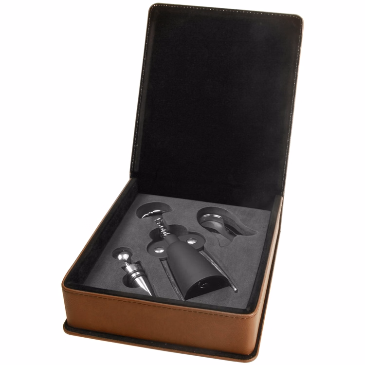 Leatherette Three-piece Wine Set - Dark Brown