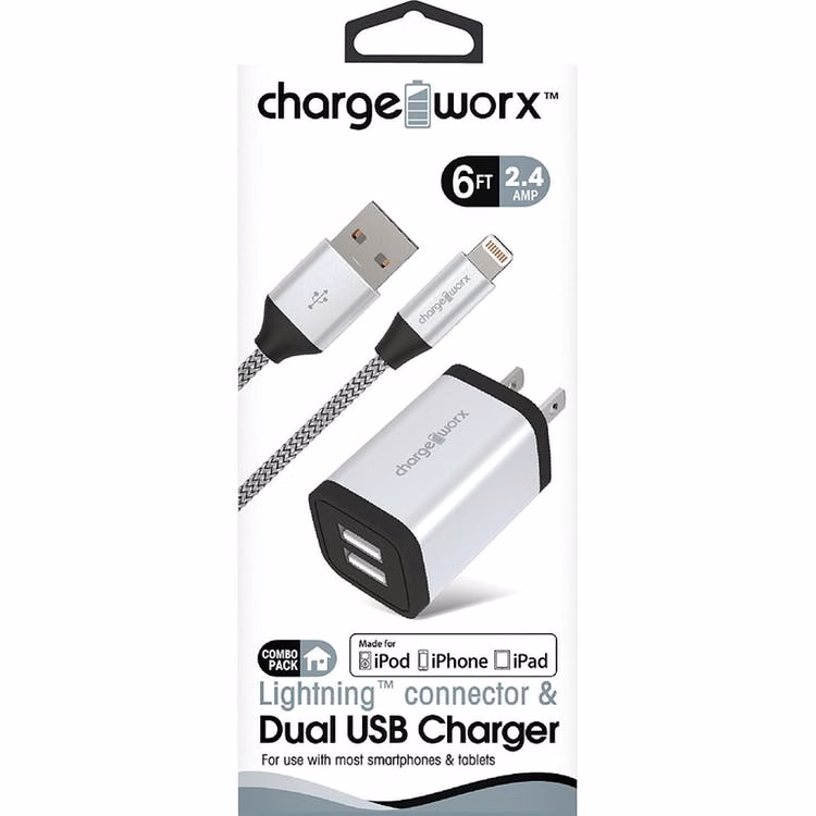 Lightning Cables & Dual USB Chargers - Silver 6' Cord MFI Certified