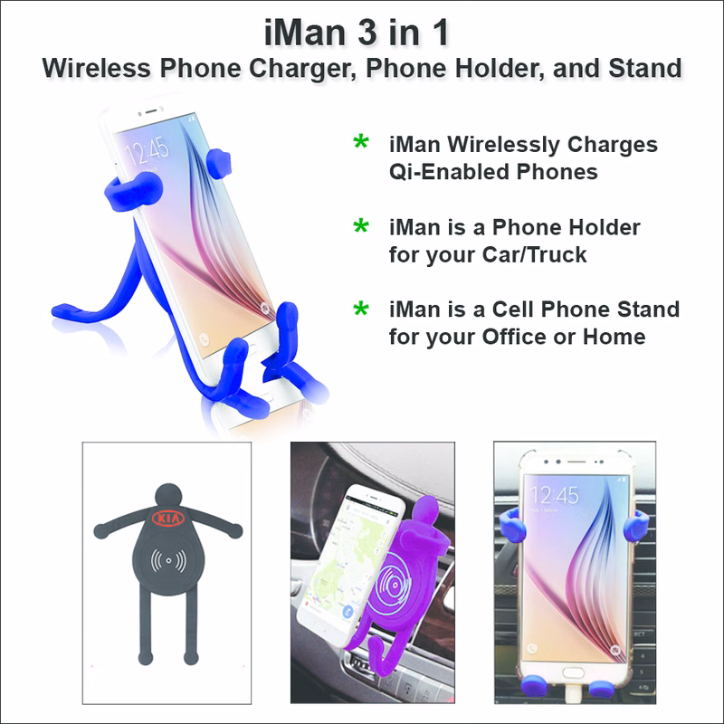 iMan 3 in 1 Wireless Phone Charger, Phone Holder, and Stand - Blue