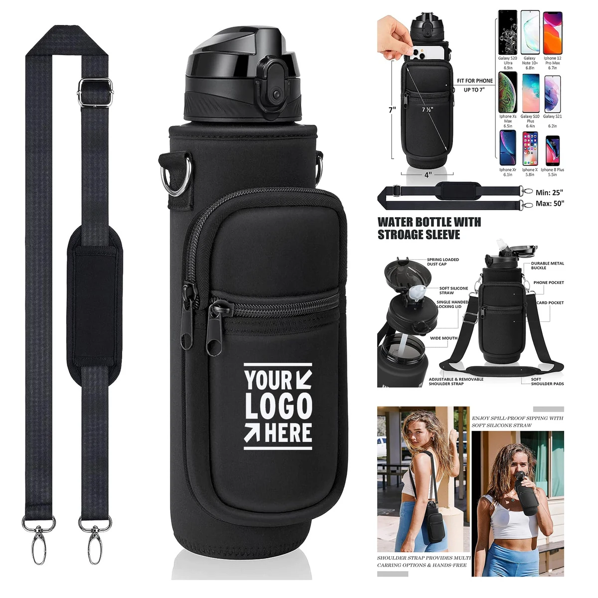 32 oz Sport 1L Plastic Water Bottle With Straw Strap Sleeve Insulated neo Holder Carrier Bag 1