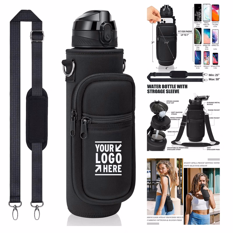 32 oz Sport 1L Plastic Water Bottle With Straw Strap Sleeve Insulated neo Holder Carrier Bag