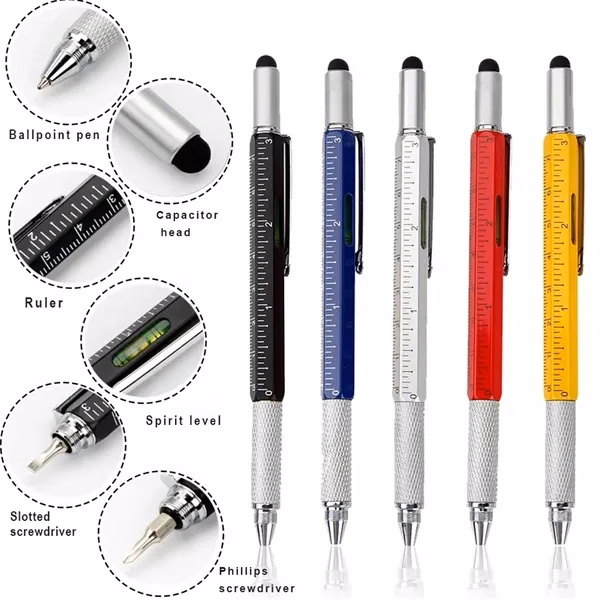 Custom Metal 6-in-1 Multitool Pen with Stylus & Level — Construction Worker Gift