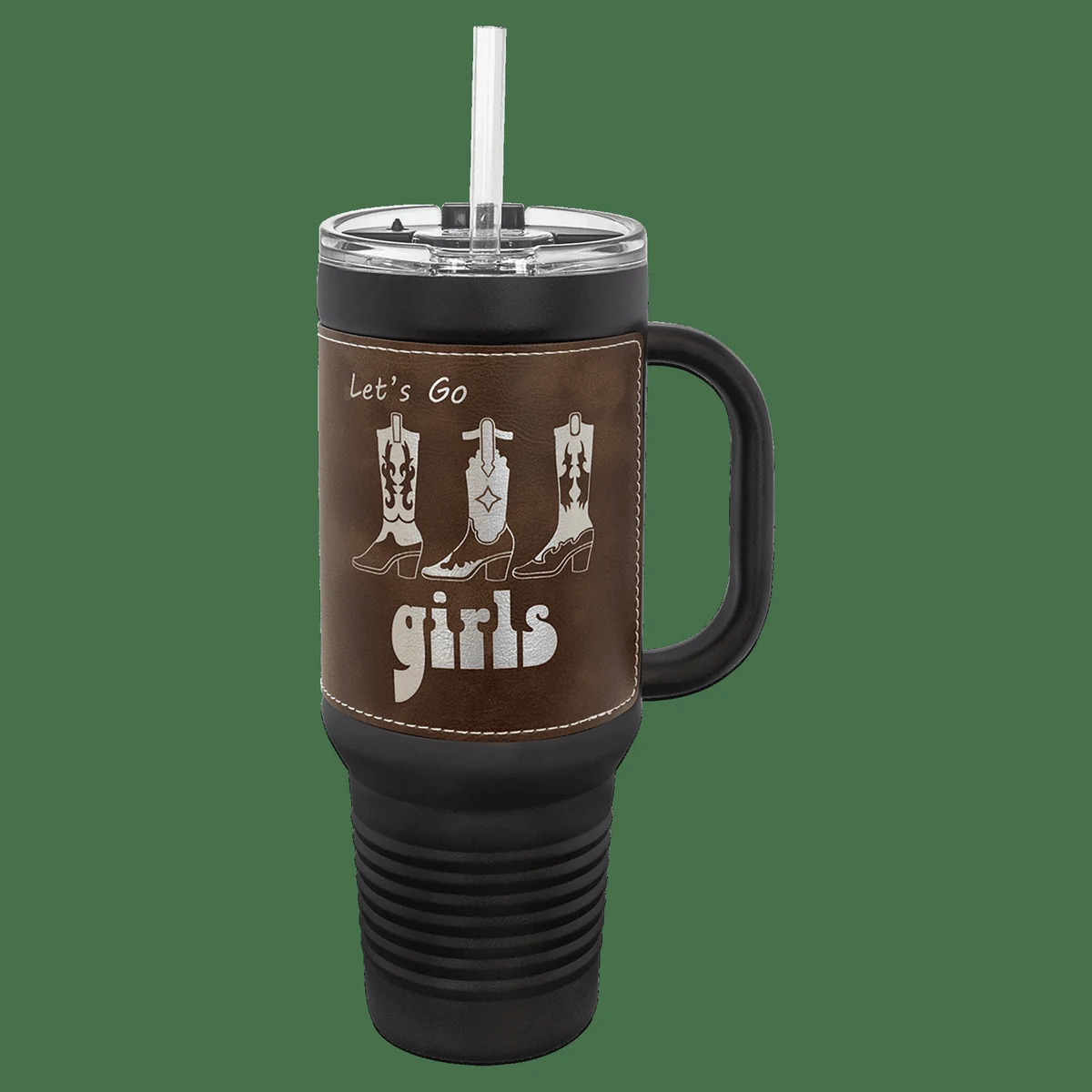 Polar Camel 40 oz. Black with Rustic/Silver Laserable Leatherette Travel Mug with Handle, Straw Incl 1