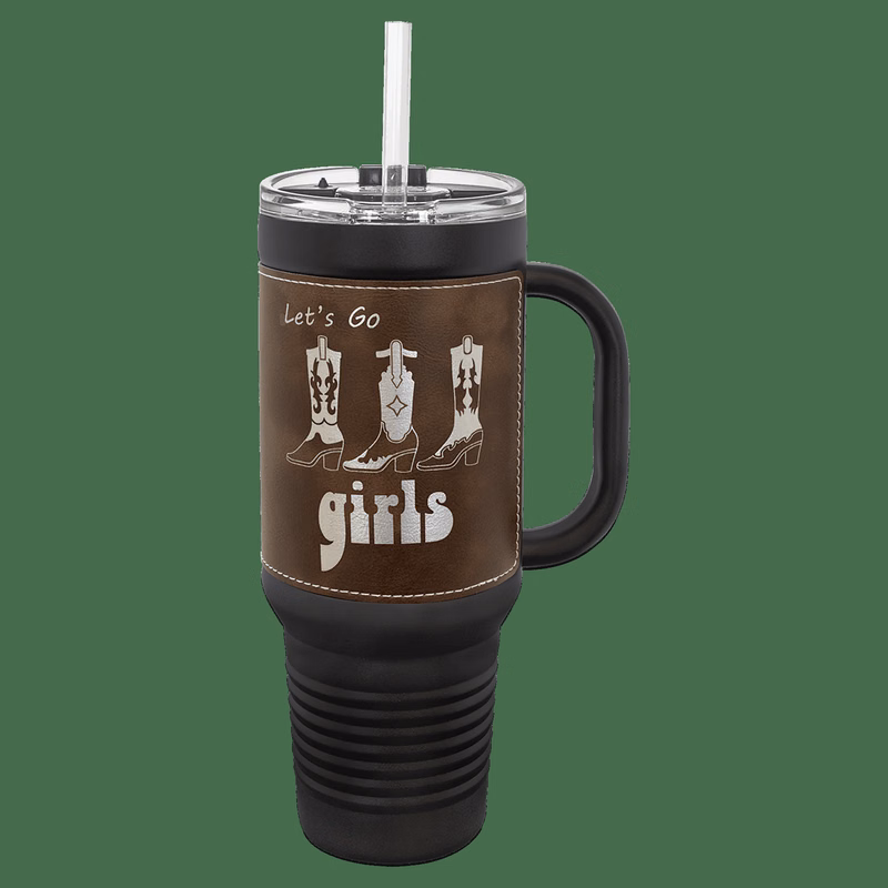 Polar Camel 40 oz. Black with Rustic/Silver Laserable Leatherette Travel Mug with Handle, Straw Incl