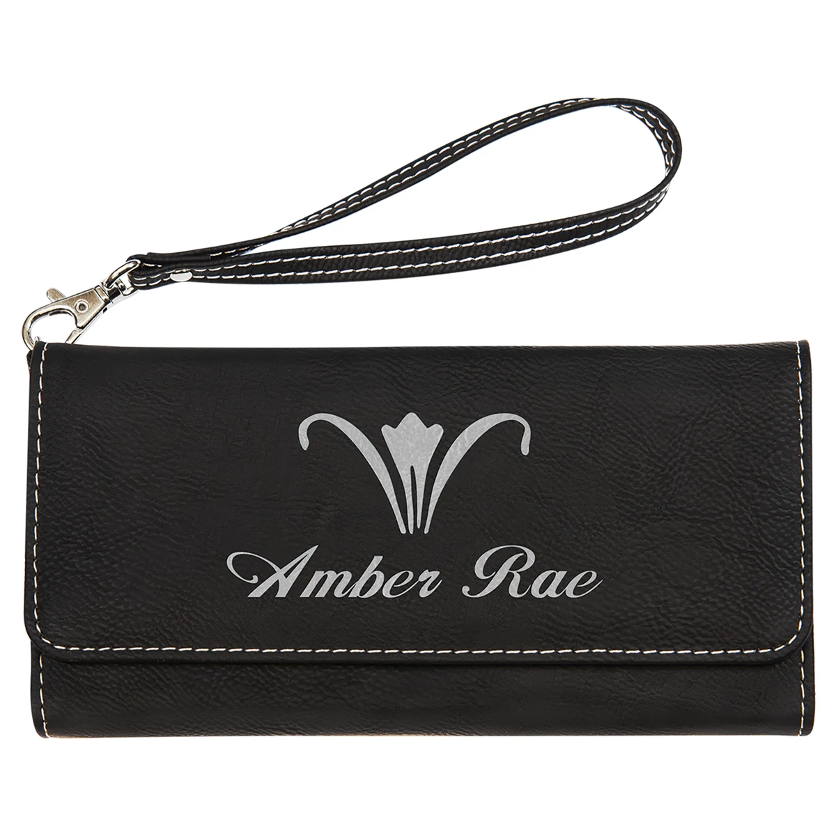 7 1/2" x 4" Black/Silver Leatherette Wallet with Strap 1