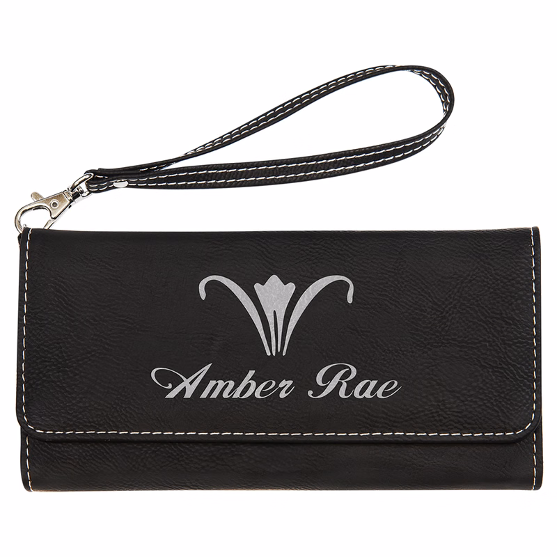 7 1/2" x 4" Black/Silver Leatherette Wallet with Strap