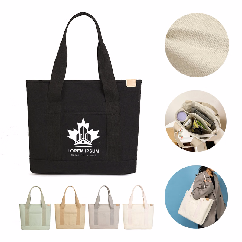 Cotton Canvas Tote Bag With Divider&Front Pocket