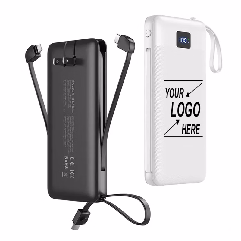 10000mAh Portable Charger with AC Plug and Built-in Cables