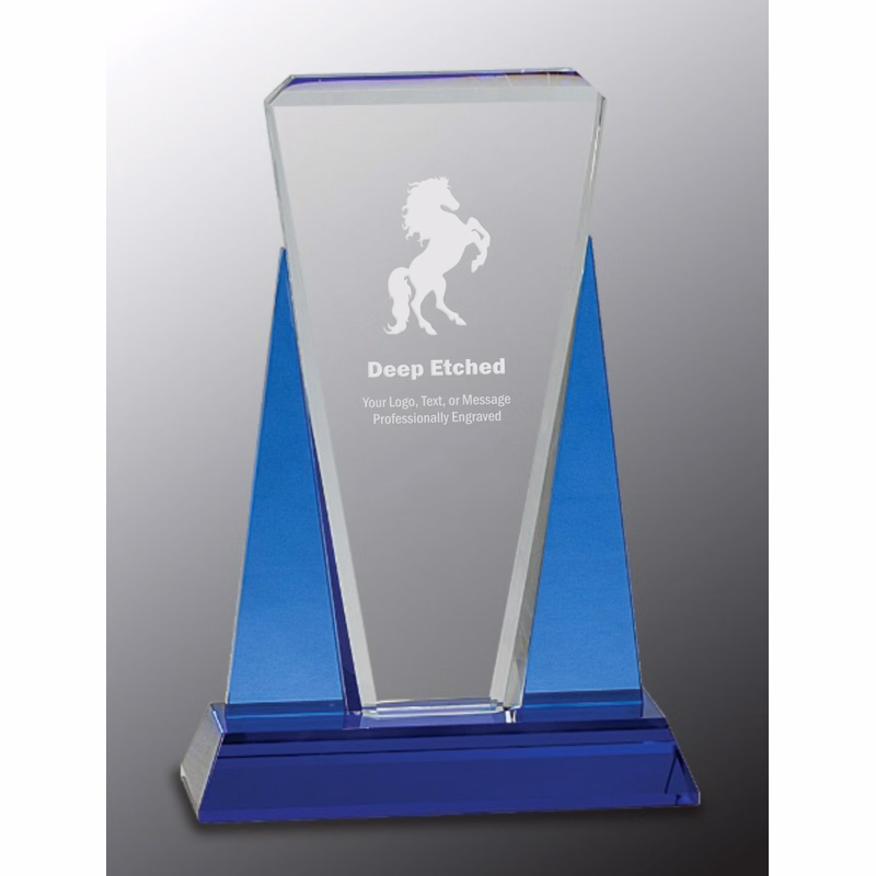 6" x 8 1/2" Blue/Clear Wedge Crystal Award on Blue Pedestal Base