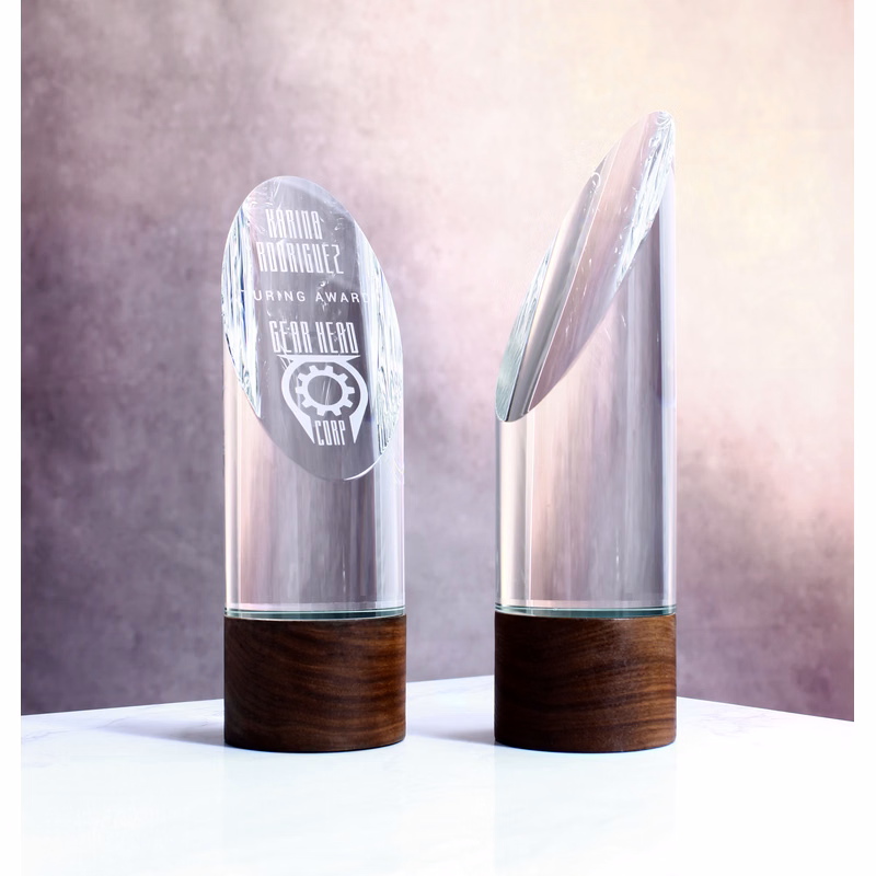 10" Crystal Cylinder On Walnut Base Trophy