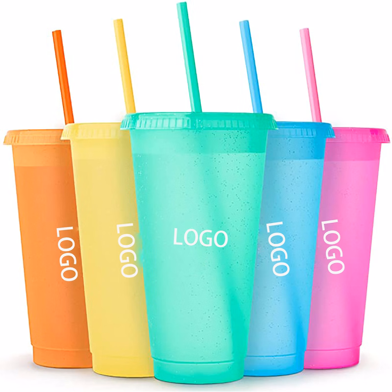 24 OZ Glitter Reusable Color Changing Cups w/ Lids & Straws in Cold Water