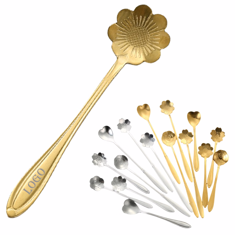 Golden stainless steel coffee spoon with a daisy pattern