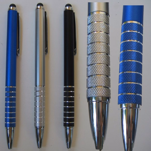 Stylus Ball Pen with Aluminum Findings and Aluminum Knurling Lattice Grip
