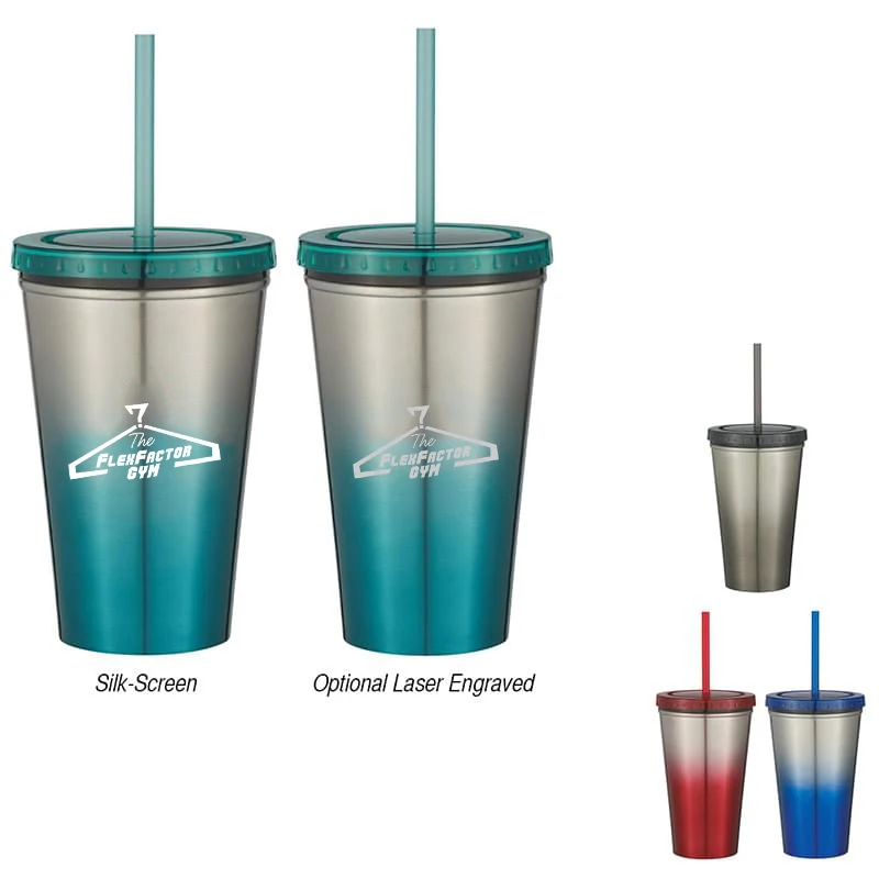 16 Oz. Stainless Steel Double Wall Chroma Tumbler With Straw 1