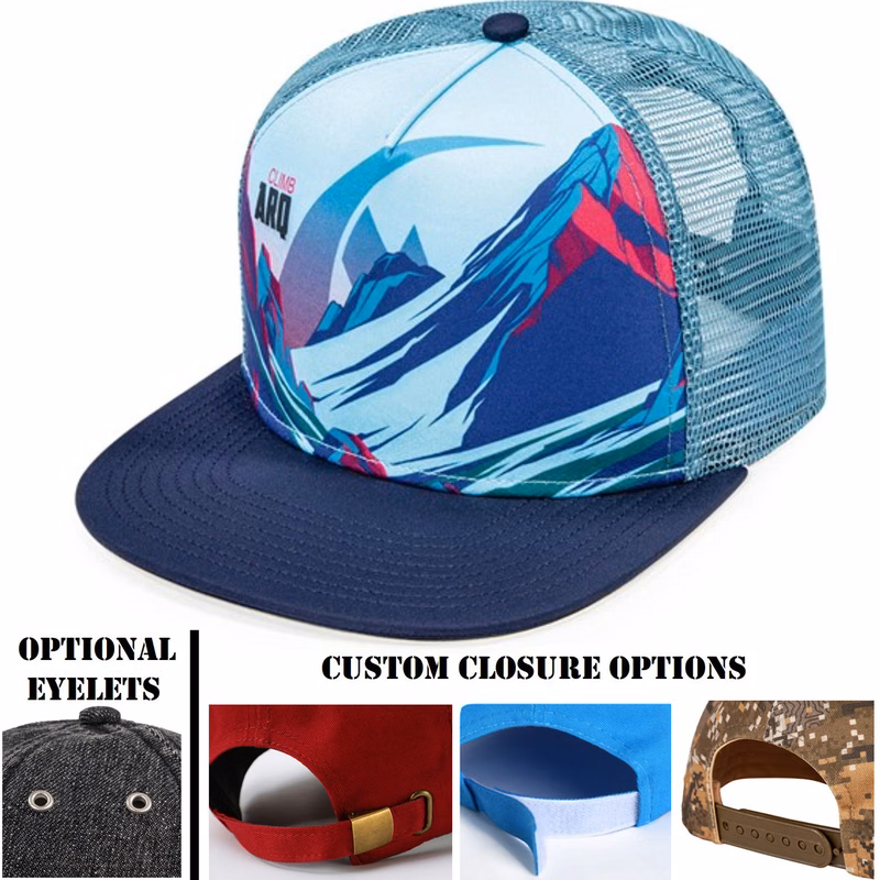 Flat bill trucker mesh cap w/ sublimated crown