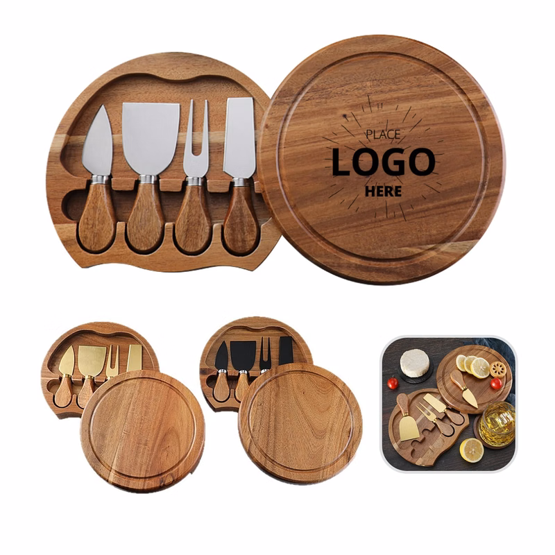 4pcs Round Oak Cheese Box Stainless Steel Knife Spatula Set